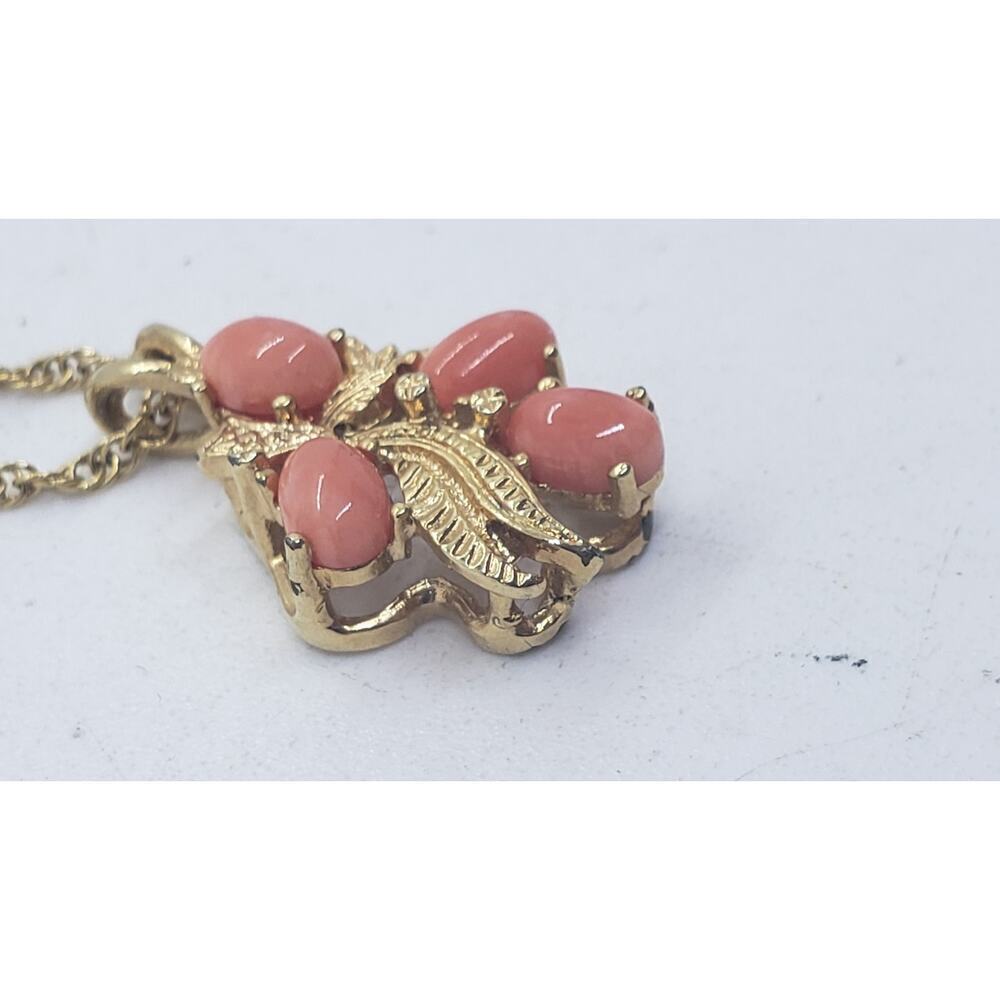 Vintage 14K Gold Plated Coral Necklace Leaf Pendant Rope Chain - Picture 3 of 11